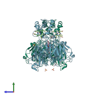 PDB entry 1hj3 coloured by chain, side view.