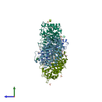 PDB entry 1hju coloured by chain, side view.