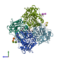 PDB entry 1hjx coloured by chain, side view.