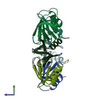 PDB entry 1hk9 coloured by chain, side view.