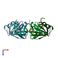 PDB entry 1hk9 coloured by chain, top view.