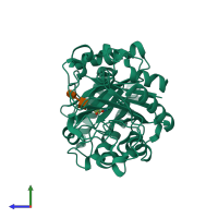 PDB entry 1hkj coloured by chain, side view.