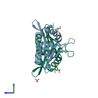 PDB entry 1hkq coloured by chain, side view.