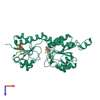PDB entry 1hl3 coloured by chain, top view.