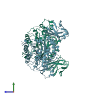 PDB entry 1hl8 coloured by chain, side view.