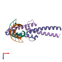 PDB entry 1hlo coloured by chain, top view.