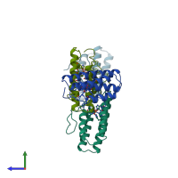 PDB entry 1hmd coloured by chain, side view.