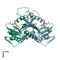 PDB entry 1hmp coloured by chain, top view.