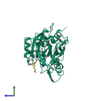 PDB entry 1hmy coloured by chain, side view.