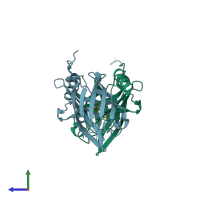 PDB entry 1hn2 coloured by chain, side view.