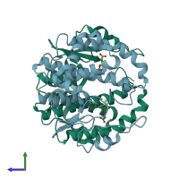 PDB entry 1hnb coloured by chain, side view.