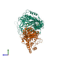 PDB entry 1hni coloured by chain, side view.