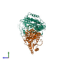 PDB entry 1hpz coloured by chain, side view.