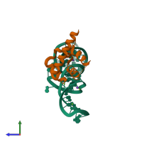 PDB entry 1hq1 coloured by chain, side view.