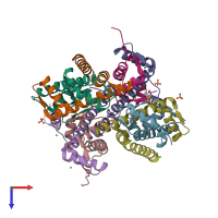 PDB entry 1hq3 coloured by chain, top view.