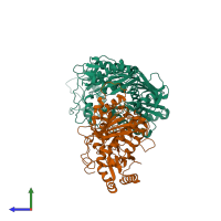 PDB entry 1hqe coloured by chain, side view.