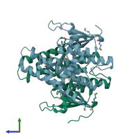 PDB entry 1hqo coloured by chain, side view.