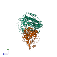 PDB entry 1hqu coloured by chain, side view.