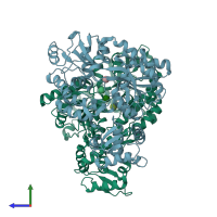 PDB entry 1hsj coloured by chain, side view.