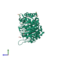 PDB entry 1ht6 coloured by chain, side view.