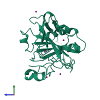 PDB entry 1huh coloured by chain, side view.