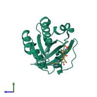 PDB entry 1huq coloured by chain, side view.