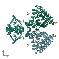 PDB entry 1hw1 coloured by chain, front view.