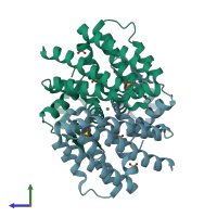 PDB entry 1hw1 coloured by chain, side view.