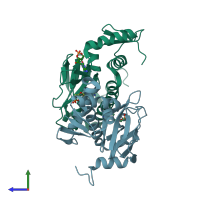 PDB entry 1hw5 coloured by chain, side view.