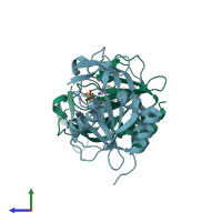 PDB entry 1hx3 coloured by chain, side view.