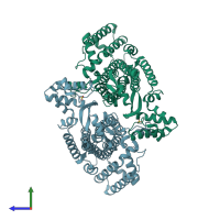 PDB entry 1hy0 coloured by chain, side view.