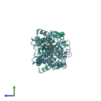 PDB entry 1hy3 coloured by chain, side view.