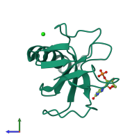 PDB entry 1hyf coloured by chain, side view.