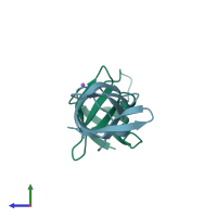 PDB entry 1hzb coloured by chain, side view.
