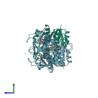 PDB entry 1hzj coloured by chain, side view.