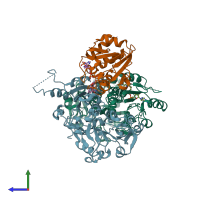 PDB entry 1hzz coloured by chain, side view.