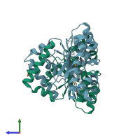 PDB entry 1i6o coloured by chain, side view.
