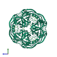 Homo hexameric assembly 1 of PDB entry 1i6t coloured by chemically distinct molecules, side view.