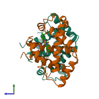 PDB entry 1ibe coloured by chain, side view.