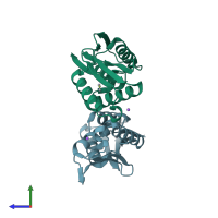 PDB entry 1in0 coloured by chain, side view.