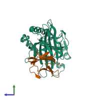 PDB entry 1inq coloured by chain, side view.