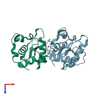 PDB entry 1ip7 coloured by chain, top view.