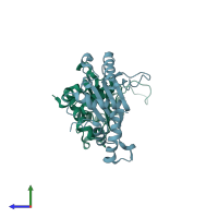 PDB entry 1iq4 coloured by chain, side view.
