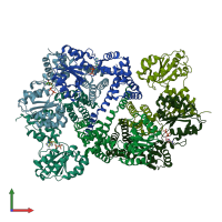 PDB entry 1iqp coloured by chain, front view.