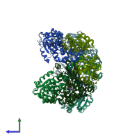 PDB entry 1iqp coloured by chain, side view.