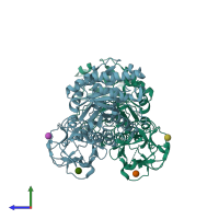 PDB entry 1it0 coloured by chain, side view.