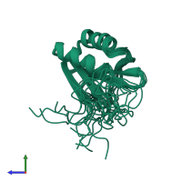 PDB entry 1iv0 coloured by chain, ensemble of 10 models, side view.