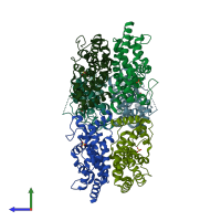 PDB entry 1iw8 coloured by chain, side view.