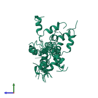 PDB entry 1iwc coloured by chain, ensemble of 15 models, side view.