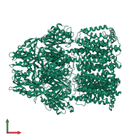 Homo trimeric assembly 1 of PDB entry 1iwg coloured by chemically distinct molecules, front view.